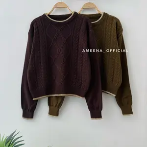 Hitamarap Blouse Knit - Atasan Sweater Rajut Wanit Motif Sido Cable Kerah Bulat lengan panjang Korean Style