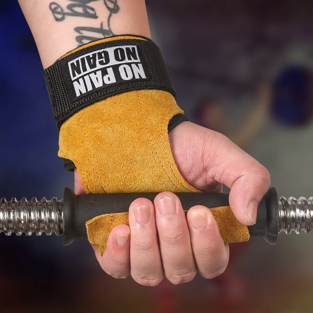 1Pair Cowhide Gym Gloves WeightLifting Deadlift Exercise Sports Fquipment Horizontal Bar Hand Palm Protection Thickness Yellow Brown