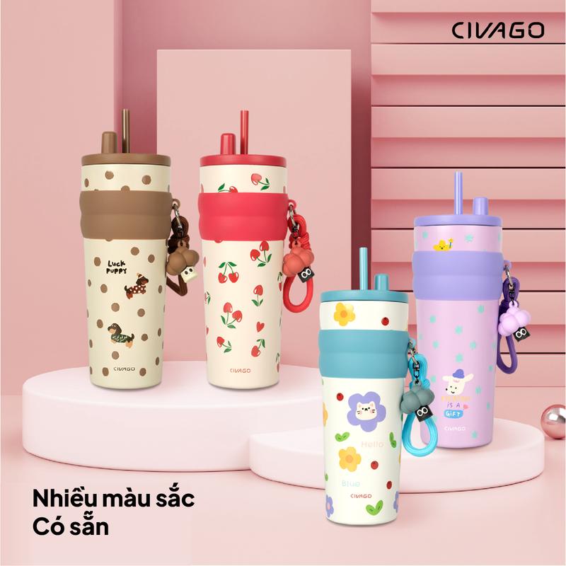 CIVAGO (26OZ) bình giữ nhiệt lót gốm có ống hút siêu cute ly giữ nhiệt lót gốm