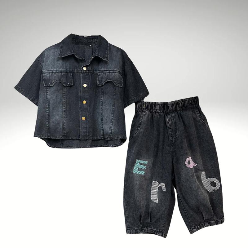 Set Jean Ngố B5 Áo Cổ Đức Khuy Bấm, Quần Ngố Thêu Bom 3D, Thời Trang Nữ, Chất Jean Mềm, 2 Màu Đen Khói & Xanh Rêu, Có Đủ Size