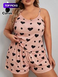 【Talla Grande】 Conjunto de Pijama con Estampado de Corazones y Lunares, Top de Tirantes Espagueti y Shorts con Cintura Elástica, Ropa de Dormir y Ropa de Descanso para Mujer