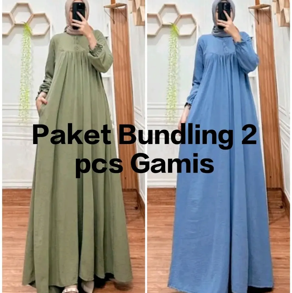 Paket Bundling 2 pcs Gamis Muslim  Jemina Dress Crinkle Airflow Panjang 135 cm Nyaman ada Kantong nya Kancing Ibu busui friendly