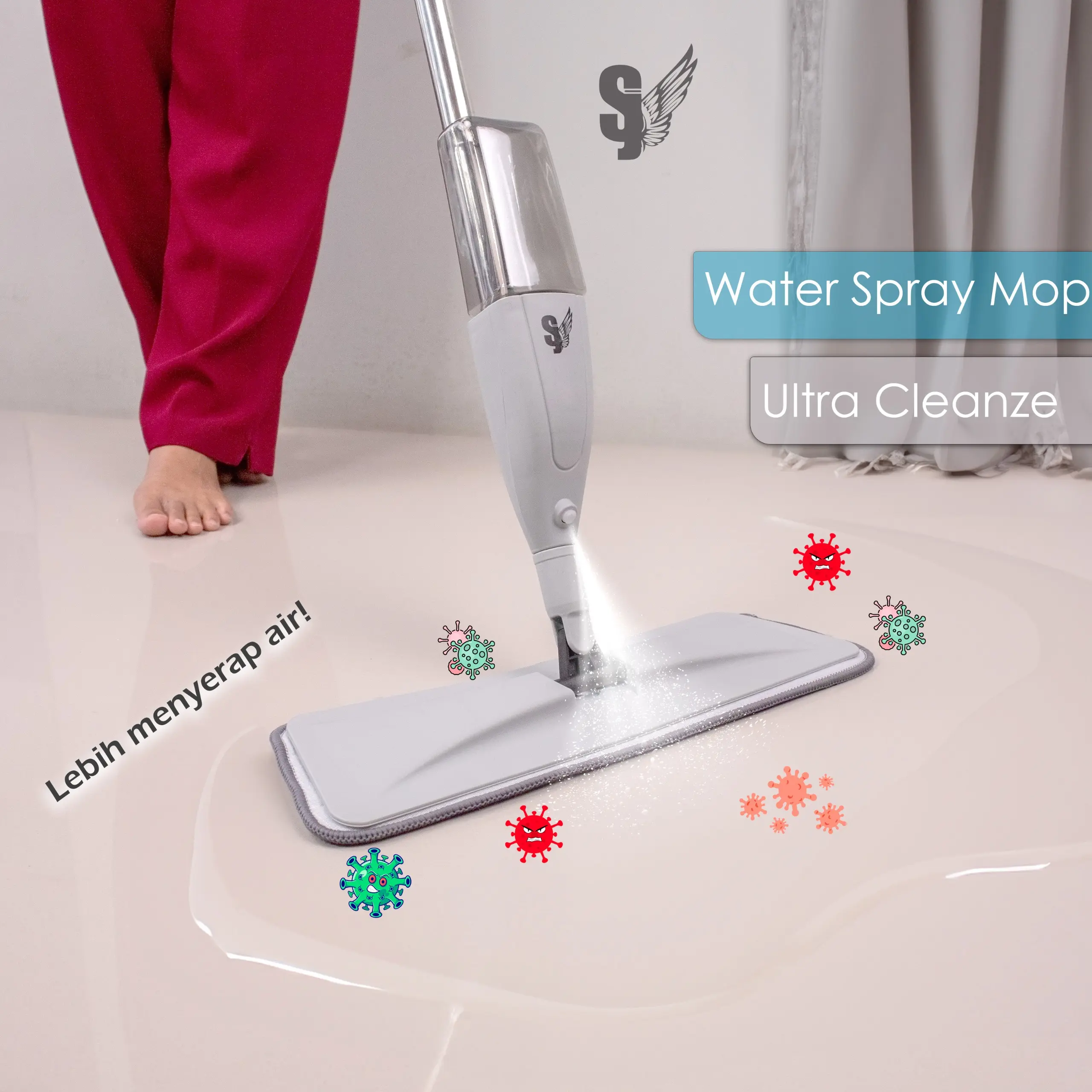Alat Pel Lantai Semprot Otomatis Water Spray Mop Aluminum dengan Tangki Penampungan Air Portabel 0.35L - Plastik Gagang Panjang
