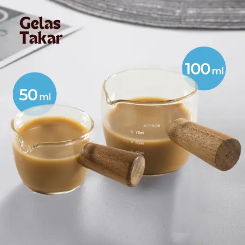 One Two Cups Gelas Takar Milk Jug Pitcher Handle Kayu Kopi Latte Art 50ml, 100ml