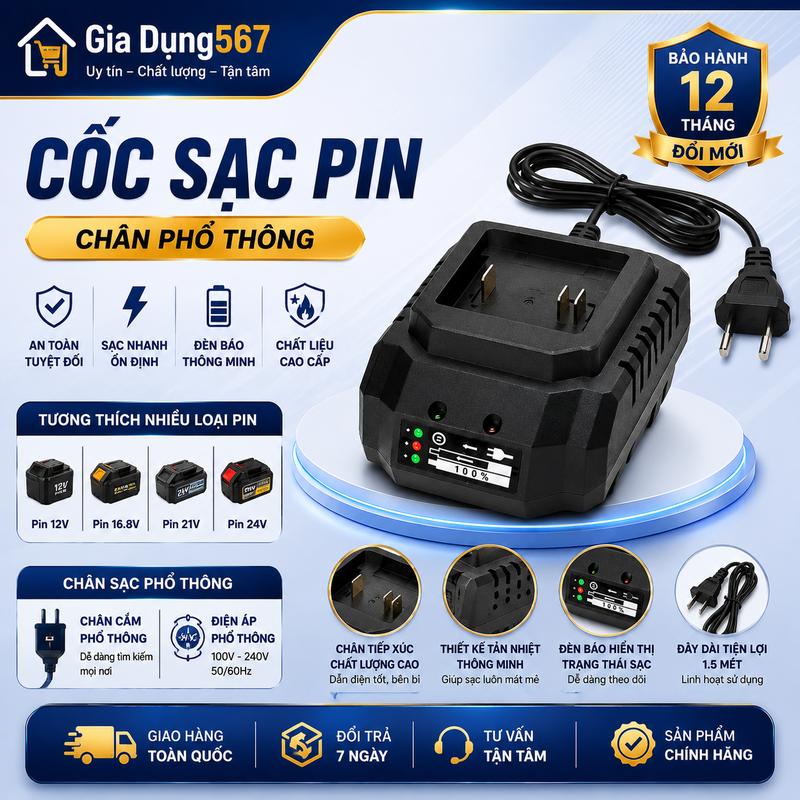 Cốc Sạc Nhanh 21V Chân Phổ Thông | Sạc Pin Máy Khoan, Máy Bắn Ốc, Pin 21V Sạc Nhanh An Toàn Đèn Báo Thông Minh