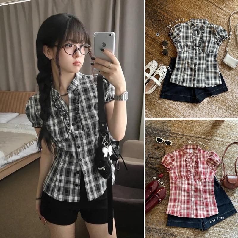 Áo sơ mi kẻ caro tay bồng cổ bèo CARO SHIRTS by Halinh M340