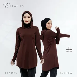 Elanda Baju olahraga Wanita muslimah Atasan Kaos Hoodie Muslim Lengan Panjang Mahogani Mahogany