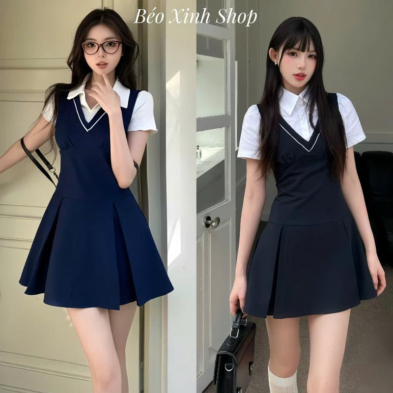 Váy Dự Tiệc Yếm Nữ Dáng A Xòe Nhẹ Phối Cổ Sơ Mi Trắng Vải Cotton Lạnh Cao Cấp Thanh Lịch Bigsize Từ 40 - 90Kg Thời Trang Nữ Béo Xinh Shop - A.1555