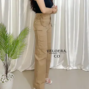 [VELOERA.CO] Fallery - Celana Culotte Cargo Strech Premium Soft Jeans / Kulot Kargo Wanita highwaist Kekinian dengan dua saku Tali Pita Melar Karet Panjang Loose