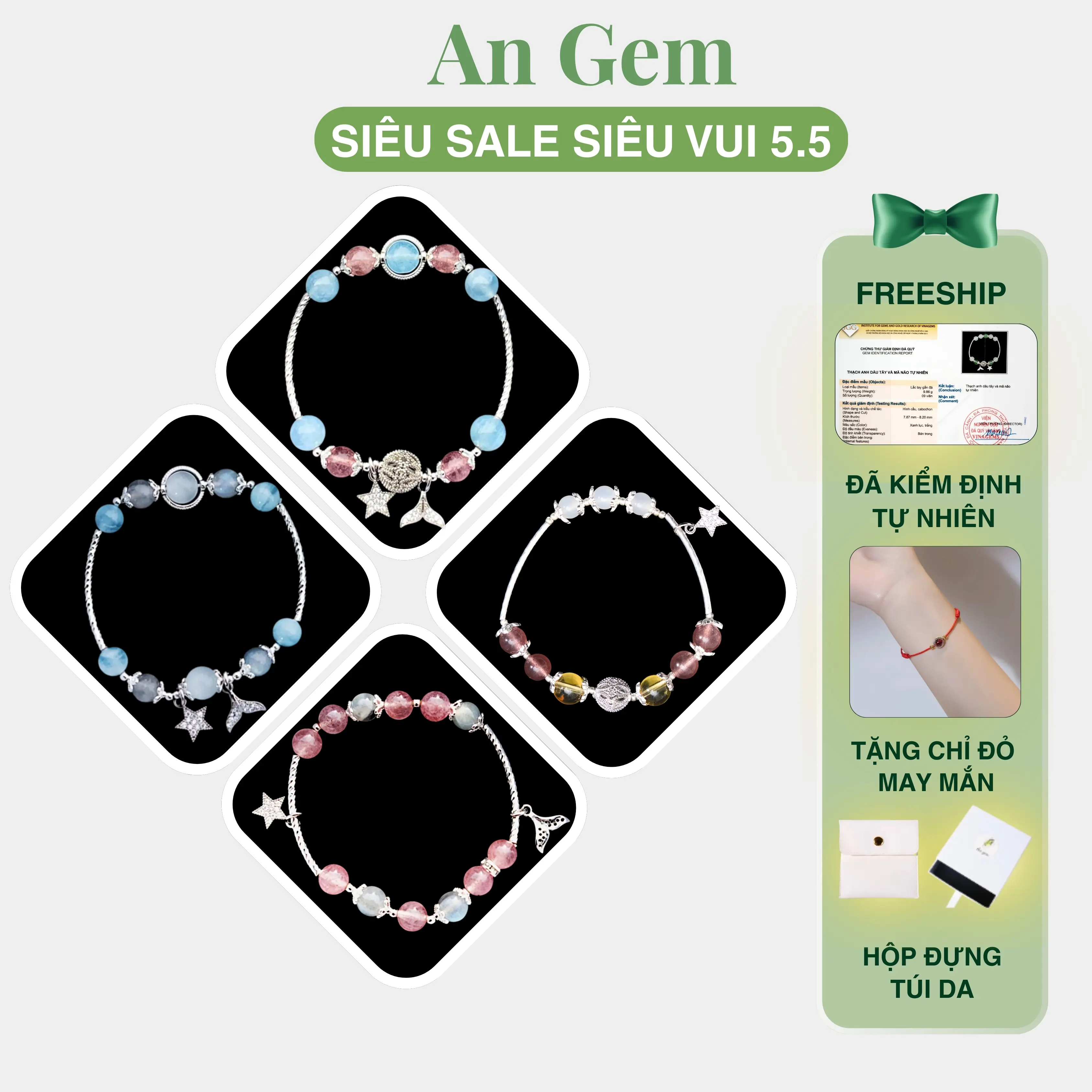 Vòng tay đá Angem mix 2 loại đá tự nhiên full charm may mắn phụ kiện đeo tay nữ quà tặng sinh nhật giáng sinh Noel Tết Valentine Bracelet [TẶNG VÒNG CHỈ ĐỎ]