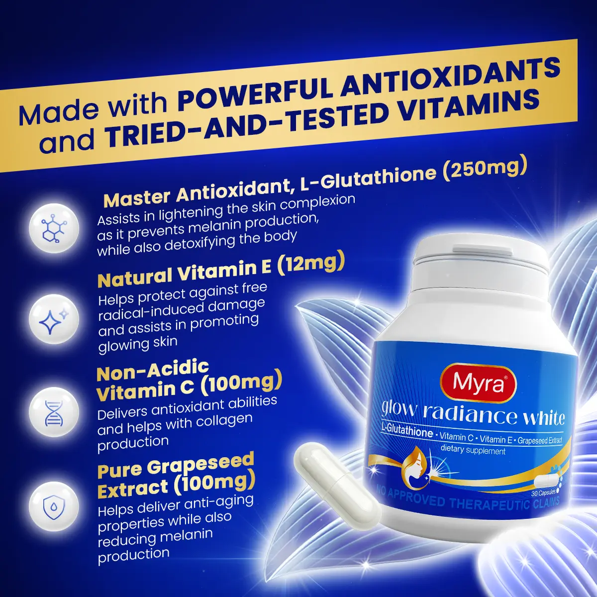 myra glutathione NEW Glow Radiance White with L-Glutathione 30s Bottle How Fast Does a Hydrating Agents SIZE:90 Vegetarian Capsules