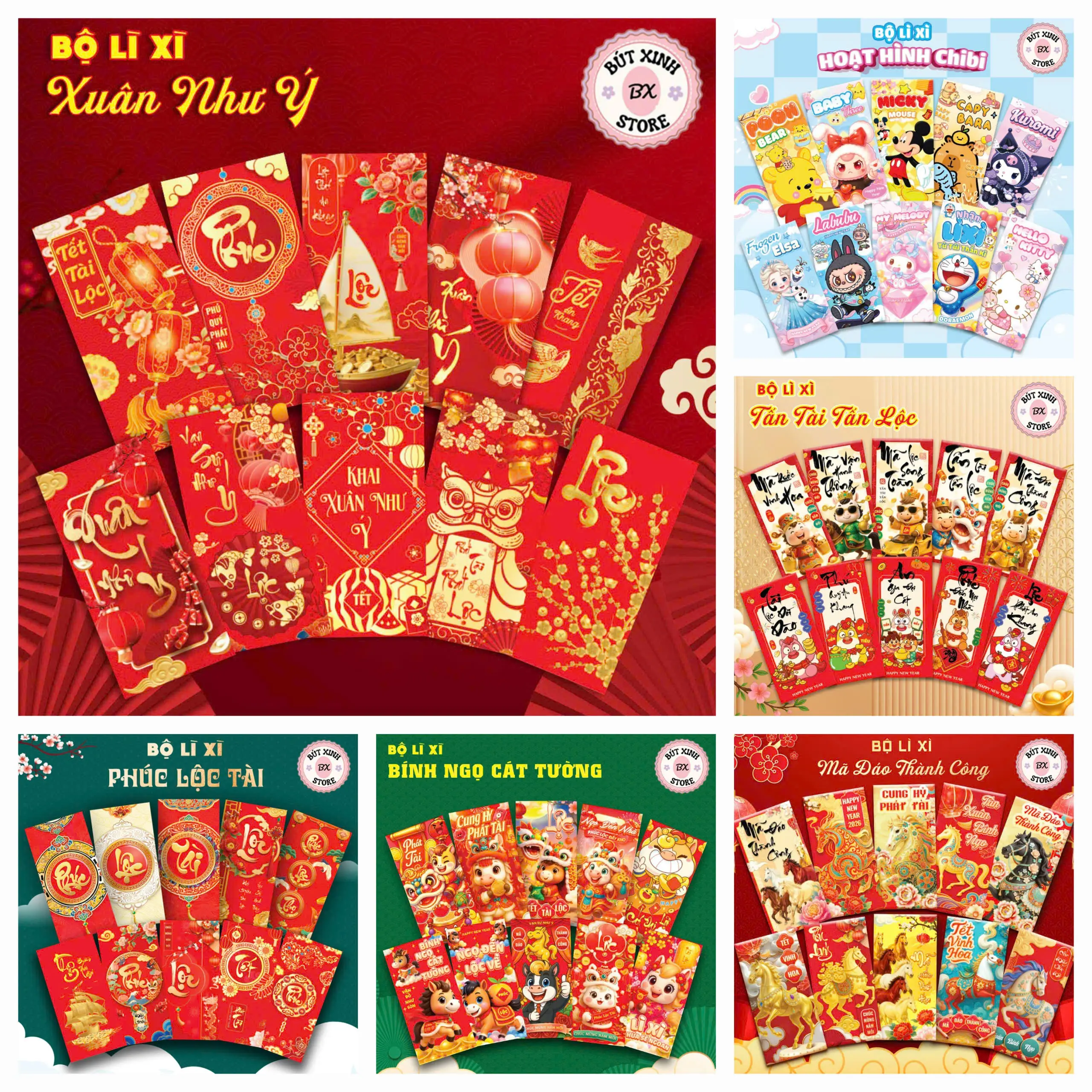 Combo 100 Cái Bao Lì Xì Truyền Thống Tết Bính Ngọ 2026 (Chọn Theo Chủ Đề) - 1