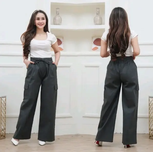 celana kulot cargo wanita Katun Linen Panjang Dewasa Kain Loose 3