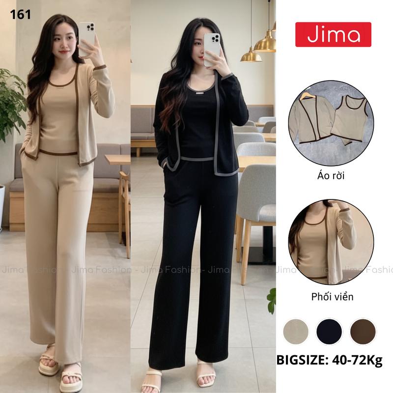   Có Lẻ ÁO  Set bộ 3 món áo dài tay cổ tròn mix viền cổ viền áo kèm quần ống suông chất Len Tăm Thỏ Jima 161-6 