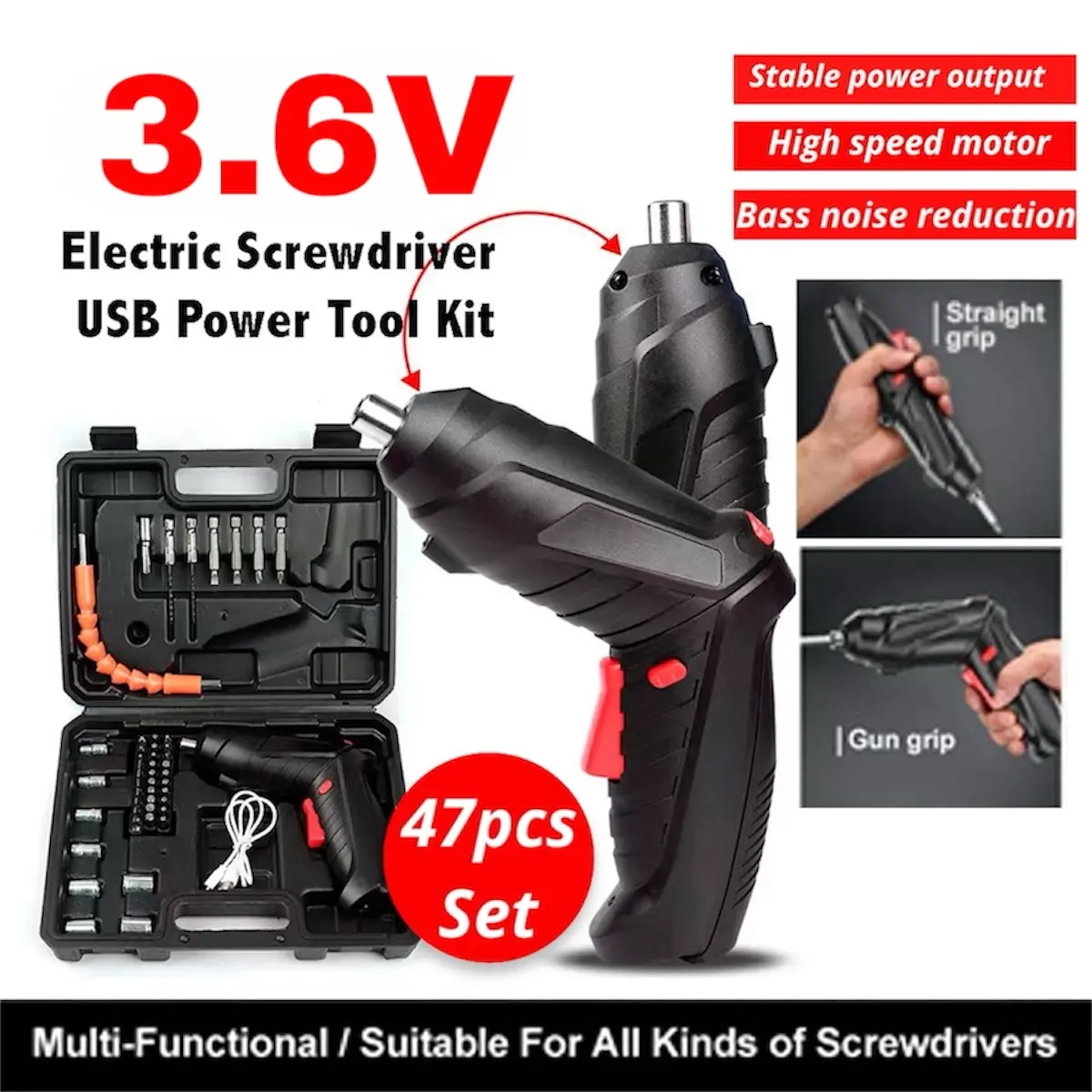 Electric Screwdriver 47pcs Set / USB Power Tool Kit / Cordless Hand Drill Set /3.6V