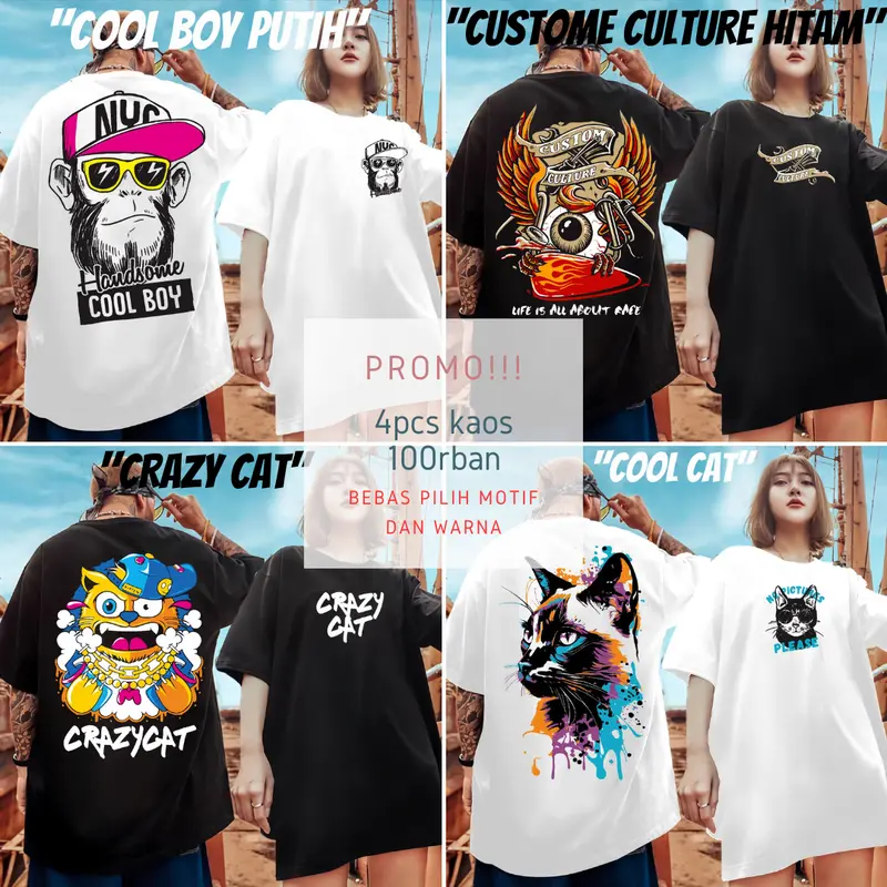 PAKET 4PCS 100RIBU UNISEX BISA CEWE COWO BEBAS PILIH MOTIF DAN WARNA 100% KATUN Combed Distro Nyaman Motif 7