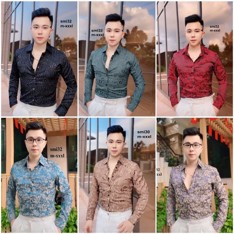 Áo sơ mi lụa nam không nhăn gấm dệt hoa vân chìm thêu