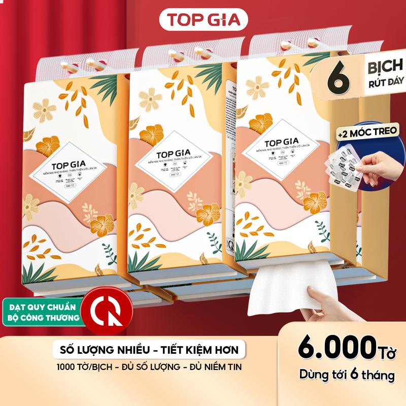 (DEAL COMBO TIẾT KIỆM) Thùng 6 Bịch Khăn Giấy Rút Đáy Tiểu Hạ TOP GIA 4 Lớp Mềm Mịn, Thành Phần Bột Gỗ Tự Nhiên Thân Thiện An Toàn, Khăn Giấy Vệ Sinh 1000 tờ, 4 lớp Tặng 3 móc treo tiện lợi Giấy Vệ Sinh giấy rút  ĐẠT QUY CHUẨN CỦA BỘ CÔNG THƯƠNG VTG86