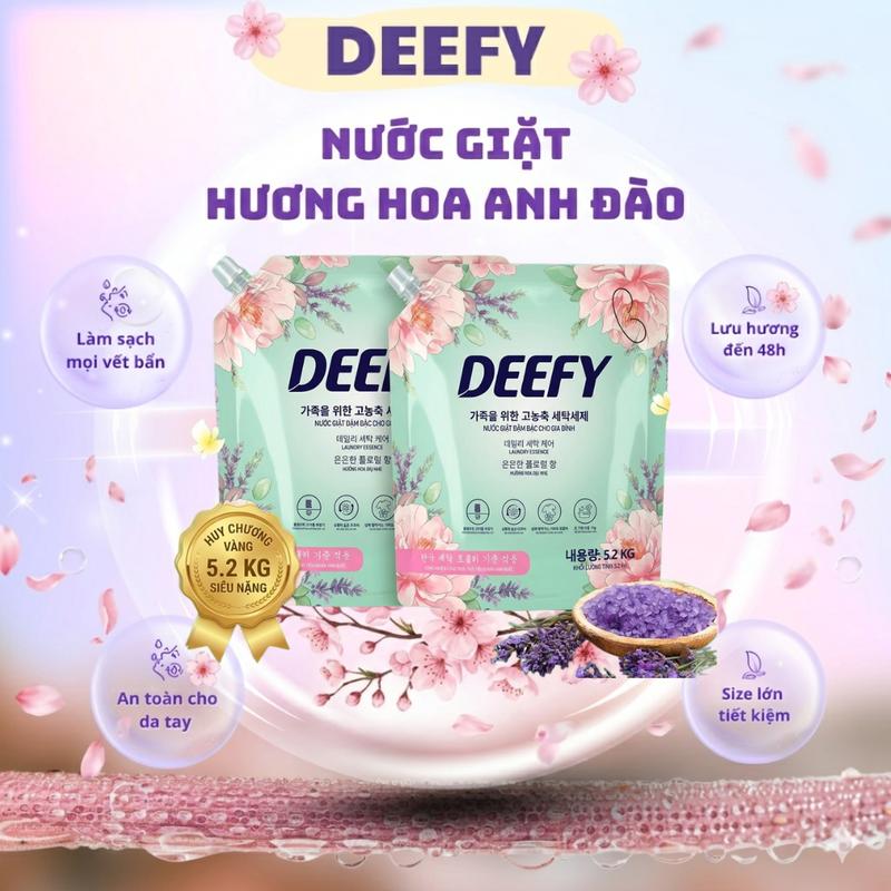 DEEFY nước giặt 5kg2 hương hoa anh đào đậm đặc, thơm 24h, sạch sâu, tiết kiệm, dùng cho các loại máy giặt