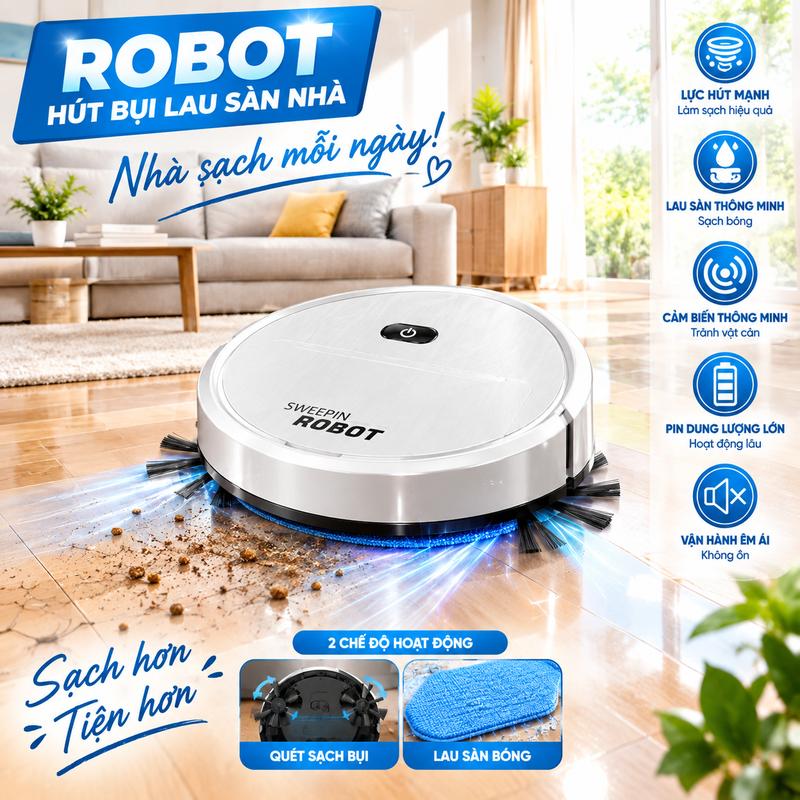 ( hàng loại 1 ) Robot Thông Minh Hút Bụi Lau Nhà, Máy Hút Bụi Tự Động Cao Cấp Tiện Lợi Cho Gia Đình