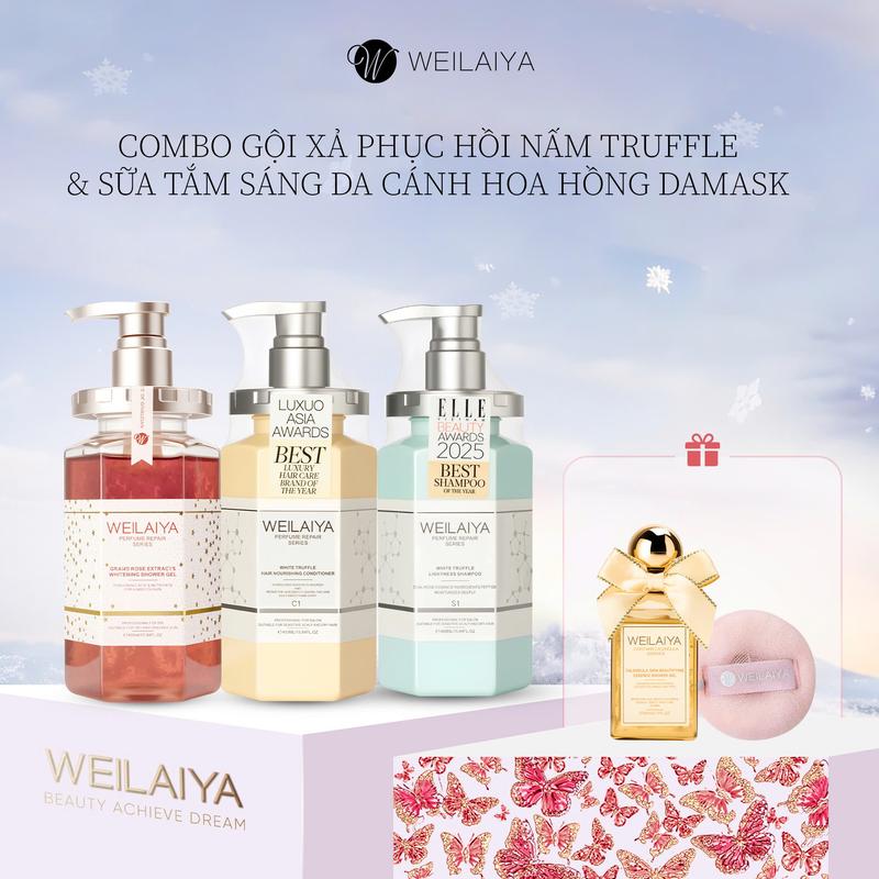 Bộ dầu gội xả đa tầng nấm Truffle + Sữa tắm cánh hoa hồng Damask Weilaiya