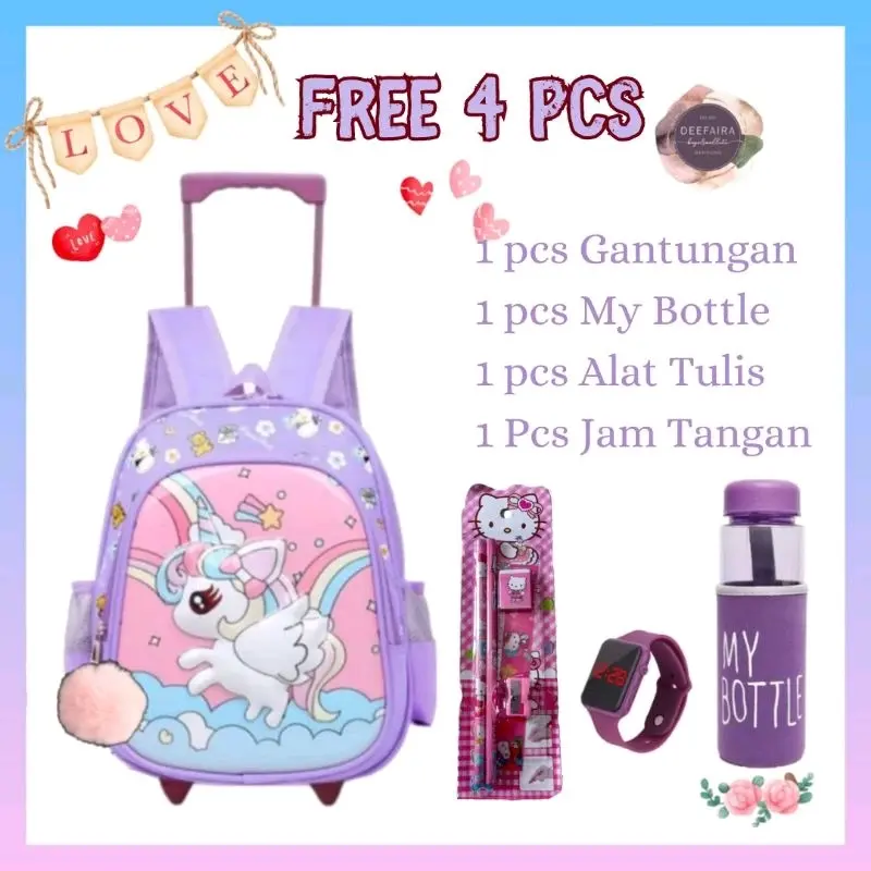 0Paket Tas Troli Koper Anak Perempuan Tas Sekolah Tk Paud Sd Motif Little P0ny Uniqroon436 Rainbow Awan Free My Bottle  dan Free Alat Tulis  Jam Tangan