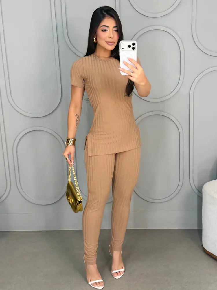 Conjunto Canelado Calça Com Bolso e Blusa Fenda Lateral Manga Curta Elegante Casual Premium - 9