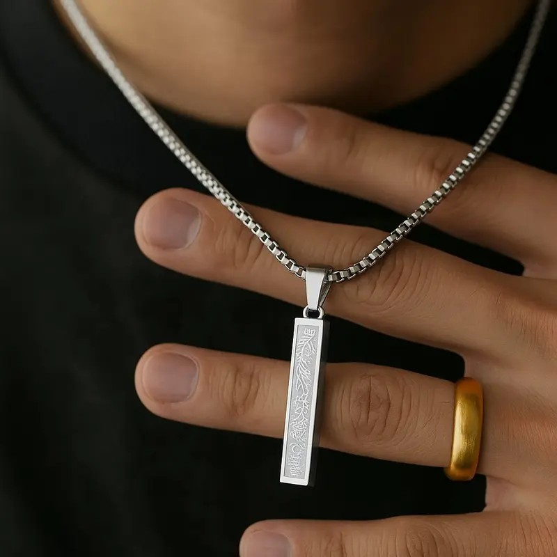 Salami Muslim-Hadiah Lebaran Ayatul Kursi Kalung Bar 3D Hadiah Berkah Sehari-Bahan titanium berkualitas tinggi, tidak akan berkarat dan tidak akan memudar-60cmGiftBox|Hadiah Lebaran 0