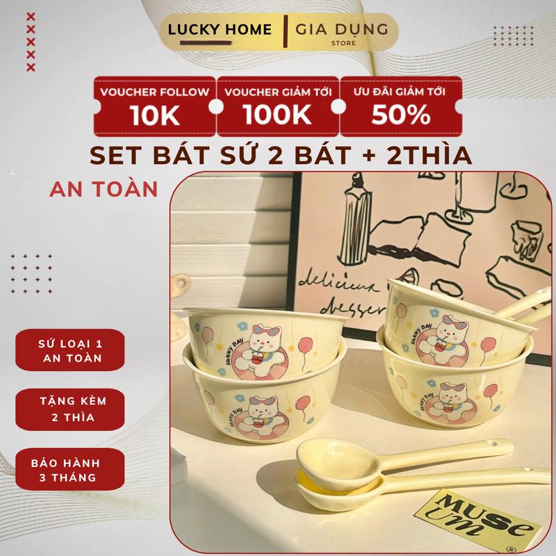Bát Sứ 4 Món Dễ Thương Gồm 2 Bát + 2 Thìa, Bát Ăn Cơm Cute Hình Nơ, Bơ, Heo Hồng, Capybara, Gấu Bear