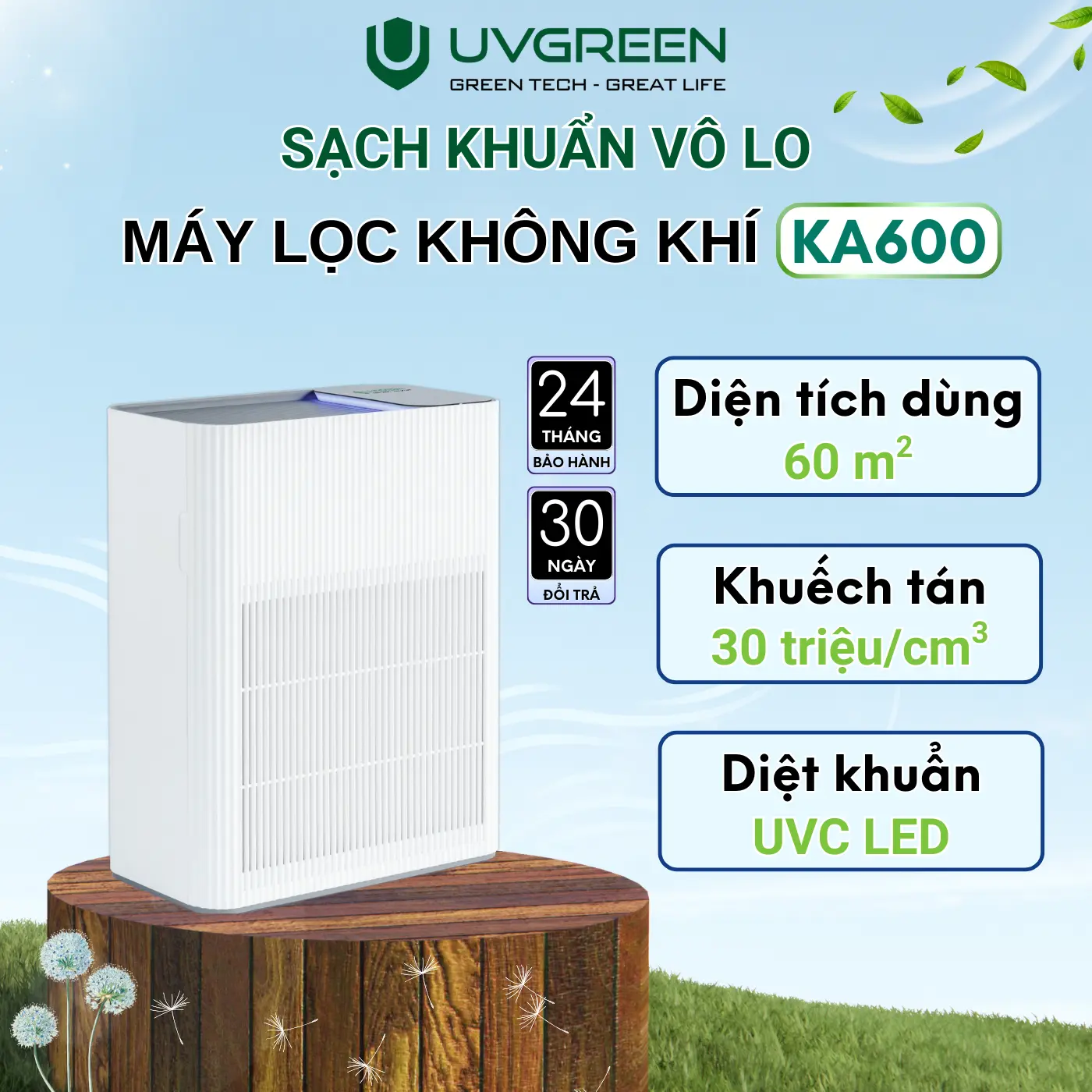Máy Lọc Không Khí Diệt Khuẩn UVGREEN KA600 60m2 - Công Nghệ UVC LED Và Ion Âm Hiện Đại, Làm Sạch Không Khí Phòng Ngủ, Bộ Lọc HEPA H13 Air Purifier Chống Vi Khuẩn, Lọc Sạch Bụi Mịn, Lông Tóc, Mùi Thú Cưng
