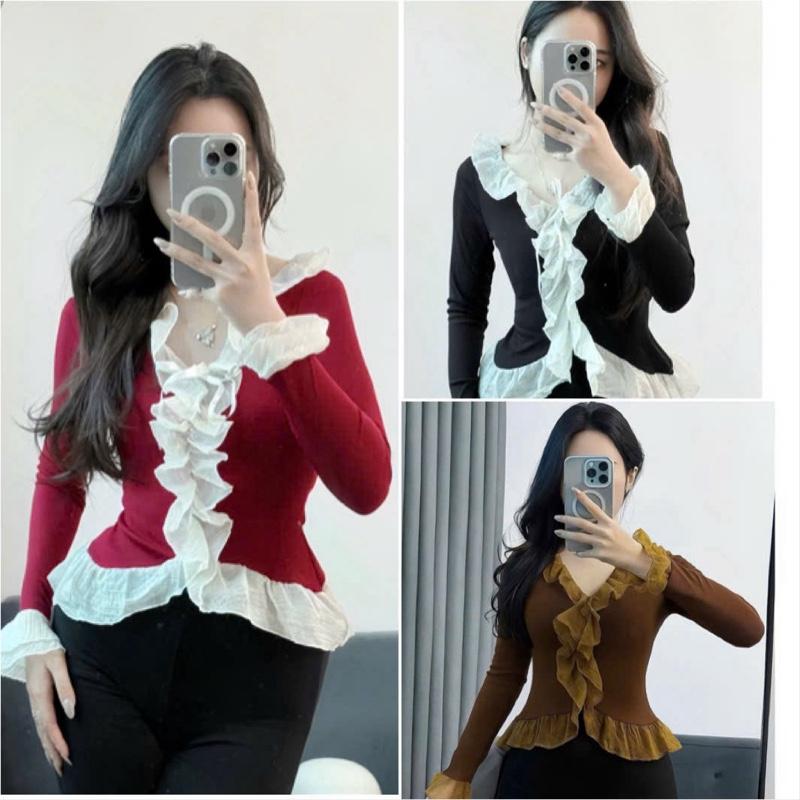 Áo thun tay dài phối viền bèo 1512 bigsize 45-85kg chất liệu thun tăm kiểu dáng tiểu thư xinh xắn L1