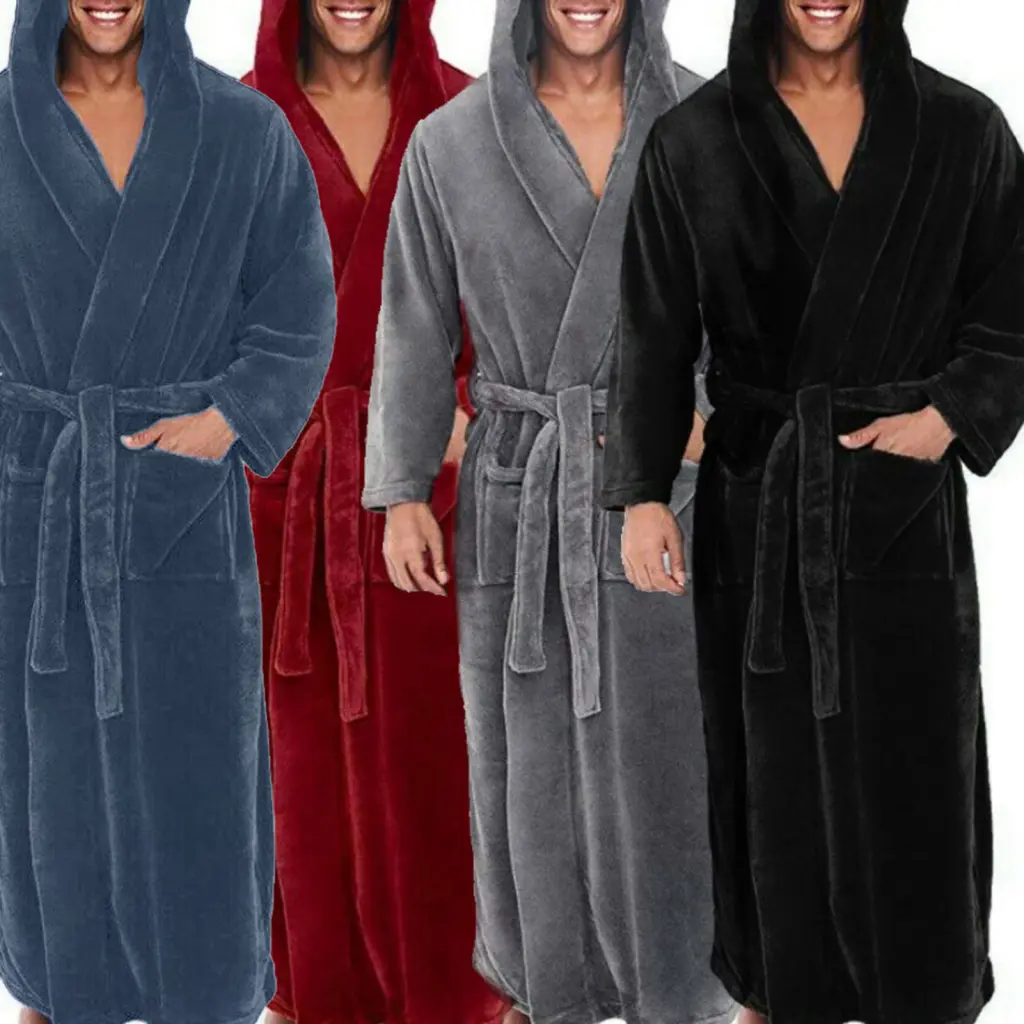 ltsdbun- Men Soft Coral Fleece Solid Color Pockets Long Bath Robe Home Gown Sleepwear
