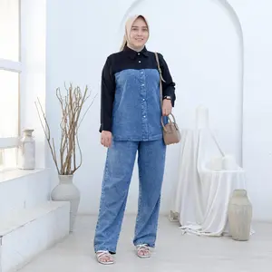 Zifana~Jenna  setelan jeans mix rayon twill Tali pinggang Full Kancing aktif