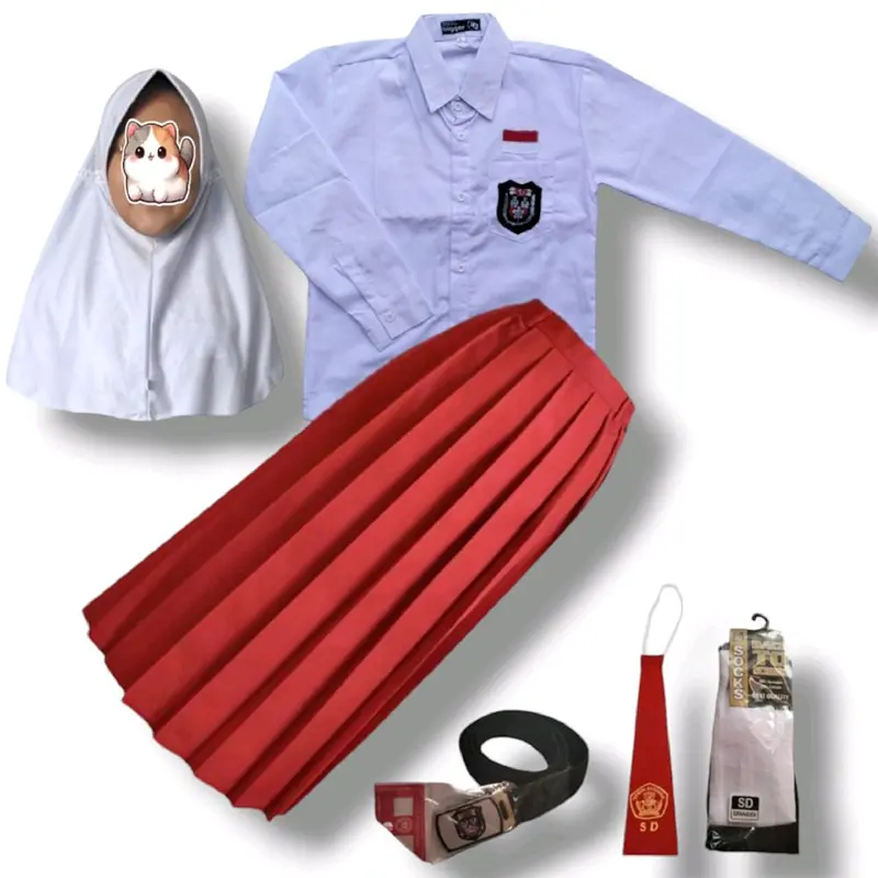 Setelan Seragam Sd BAJU PUTIH PANJANG DAN ROK MERAH PANJANG Untuk Anak Perempuan Kelas 1-6 Fashion 0