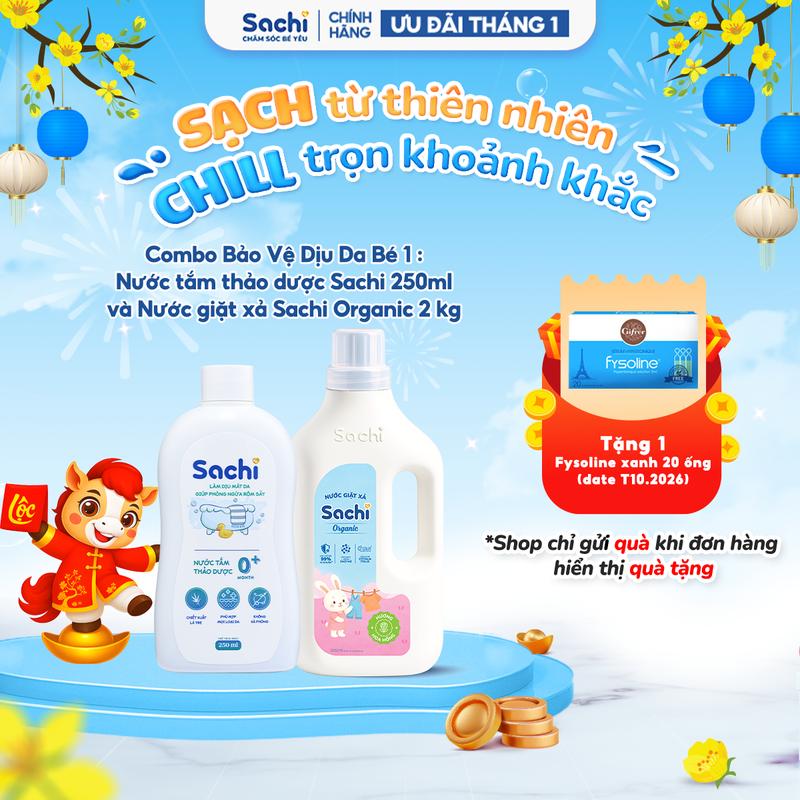  Combo Bảo Vệ Dịu Da Bé 1 : Nước tắm thảo dược Sachi 250ml và Nước giặt xả Sachi Organic 2 kg hương thơm dịu nhẹ 