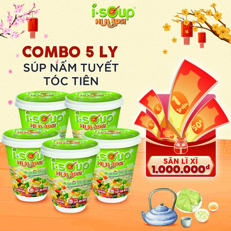   COMBO 5 LY  Súp Nấm Tuyết Tóc Tiên Ăn Liền ISOUP HUUPS Hũ 14G - Súp Ăn Liền Sấy Thăng Hoa 