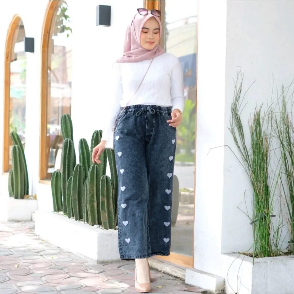 Celana Wanita Kekinian Bordir Love Kulot Jeans Wanita Celana Panjang Highwaist Loose AllSize Karet Melar