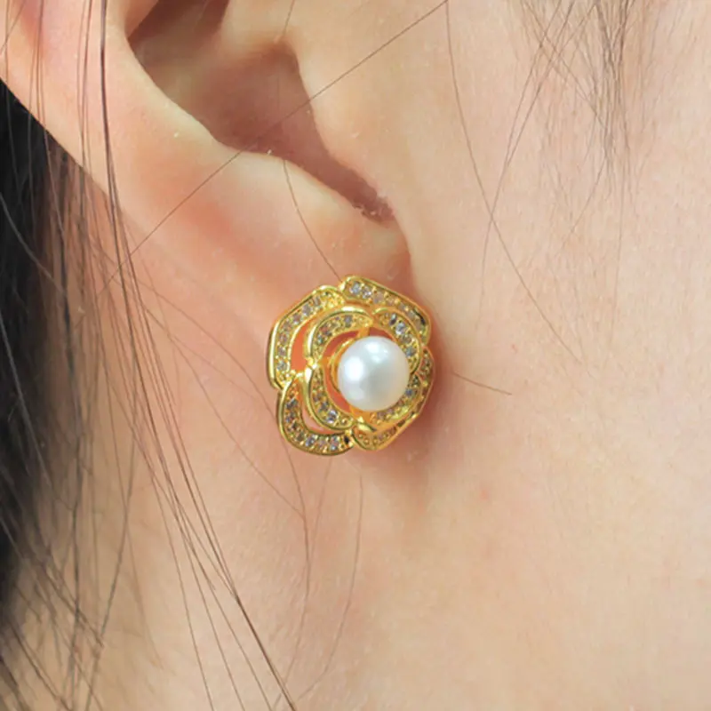 Copper plated real gold thick electroplating color-retaining camellia freshwater pearl earrings finished product temperament fashion advanced