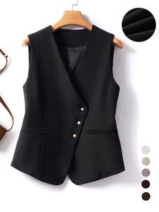 Chaleco con botones en el pecho y parte delantera asimétrica en color liso para mujer, elegante ropa de abrigo sin mangas con escote en pico, ropa de primavera y otoño para mujer para el trabajo y la oficina