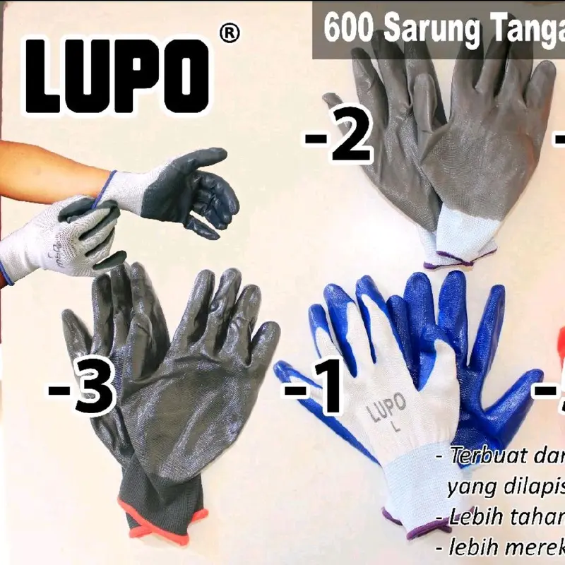 Lupo Sarung Tangan Berlapis Lateks Bahan Polister/Nilon ST600 1 warna sepasang 0
