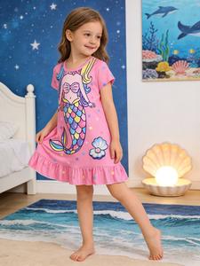 Camisón de niña con estampado de sirena de dibujos animados y lunares coloridos, dobladillo con volantes; lindo, casual, suave y cómodo, manga corta y cuello redondo para niños; ropa de dormir infantil para el verano, pijama.