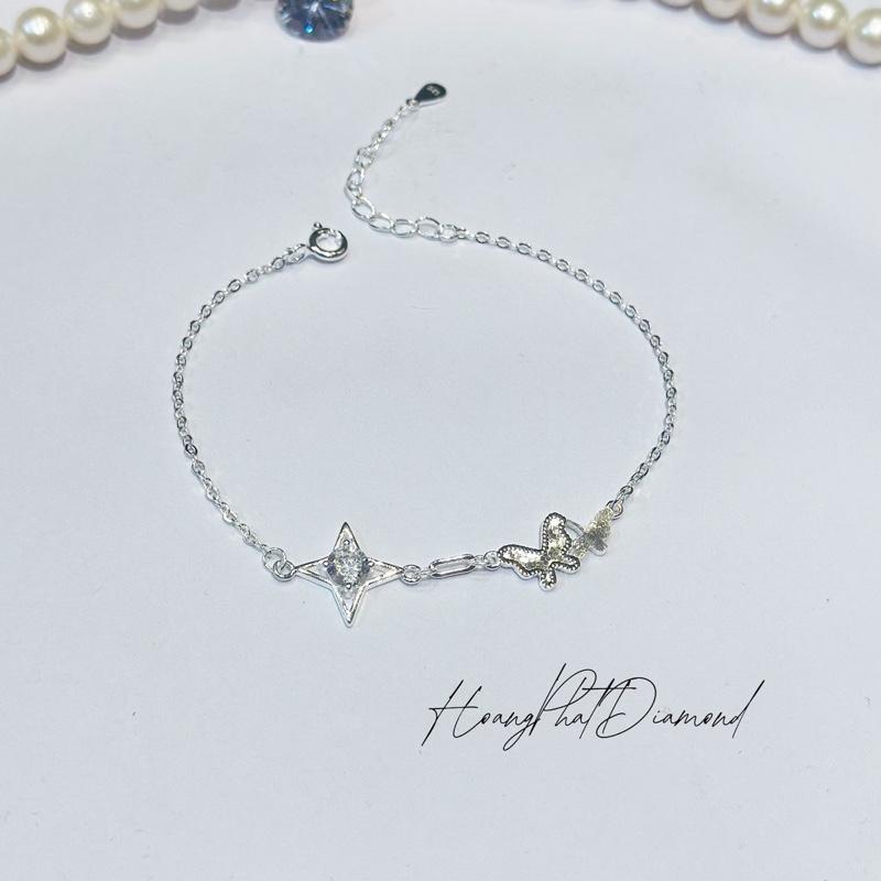    Hoàng Phát   Phụ Kiện Lắc Tay Bạc Ý 925 Chữ Cong Mảnh Mặt Sao 4 Cánh Phối Bướm Chạm Máy  LT042  KHÔNG XI KIM 