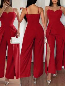 Mono sin mangas para mujer con escote en forma de corazón, ajuste ceñido en la cintura, pantalones de pierna ancha y abertura lateral; mono casual elegante de una pieza