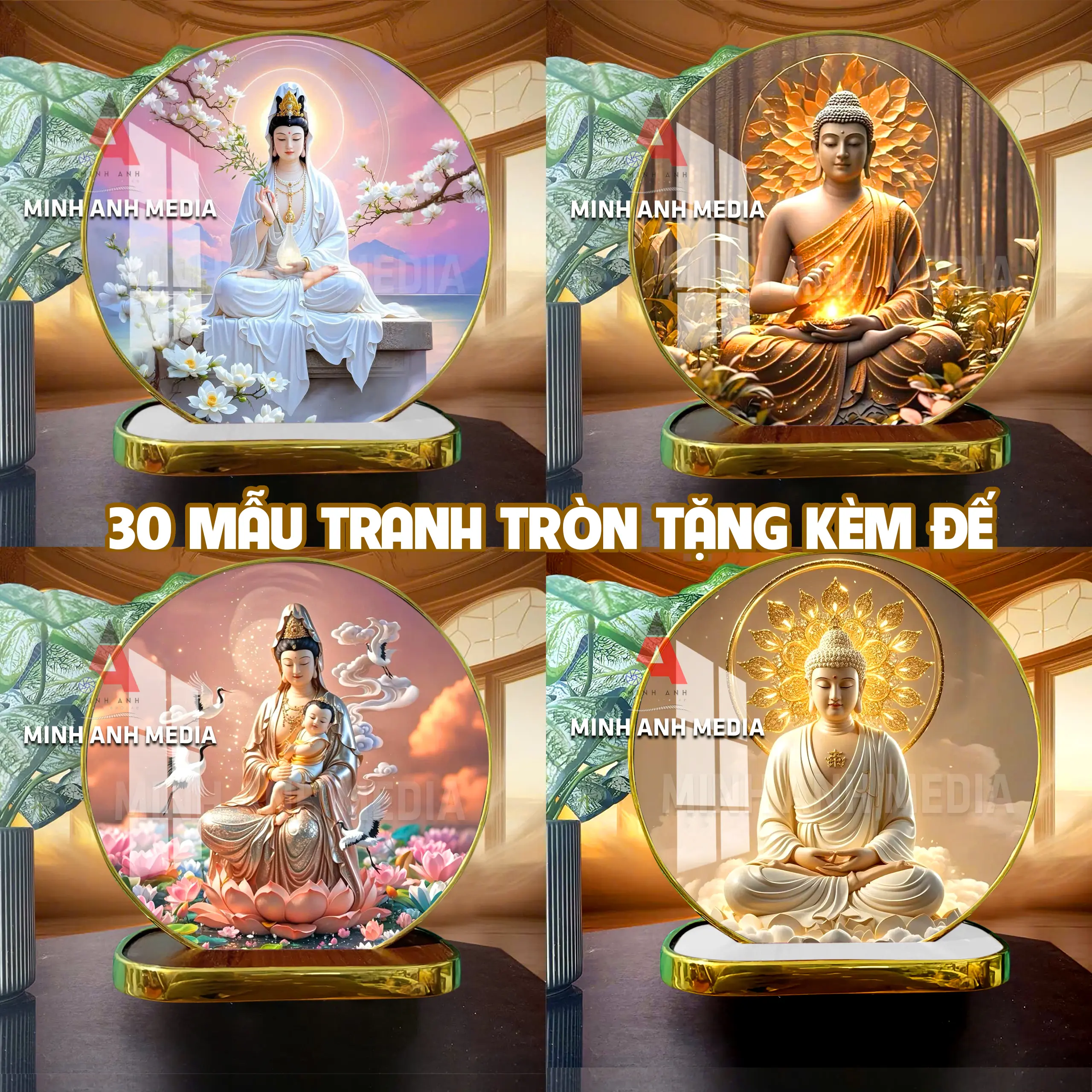 [TẶNG ĐẾ ĐỂ BÀN] - 30 mẫu - Tranh gỗ tròn tráng gương phật giáo - Bo viền vàng cao cấp dày 13mm - MINH ANH MEDIA - trang trí phòng thờ, góc tu tập ,...