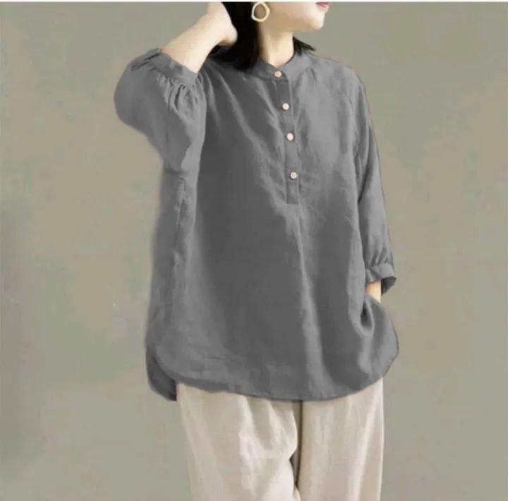 Blouse Wanita Jumbo katun linen Kerah Shanghai Kemeja Lengan 3/4 baju  Atasan Linen Oversize Casual Santai Terbaru 5