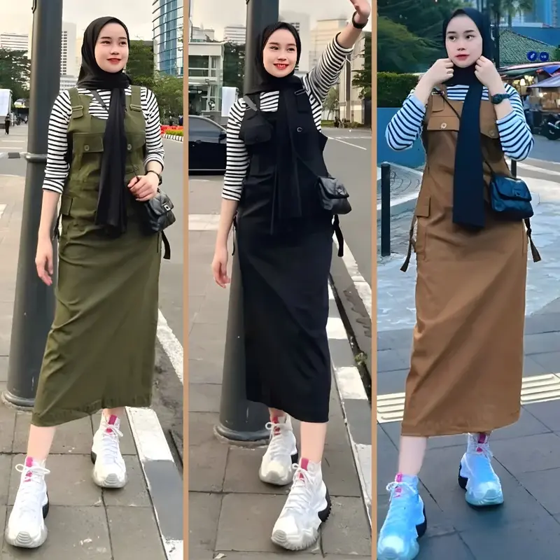 Elizabeth Overall Cargo Wanita Polos Katun Twill Combed Panjang 0