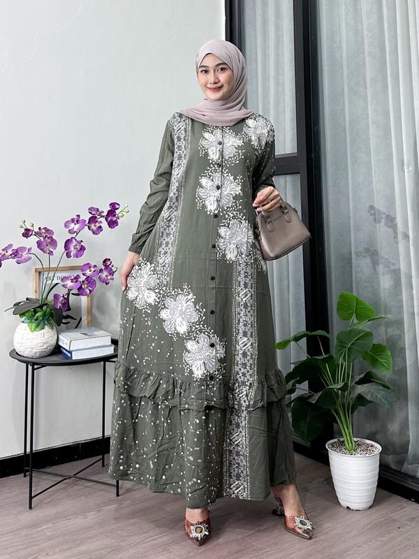 Naya Batik -  Gamis Twill Ori Motif Garis Cap Malaman Bukan Sablon Dress Muslim Wanita Motif Baladewa Hitam Lengan Karet Rempel Bawah Full Kancing Tali Samping Katun Rayon Putih 7