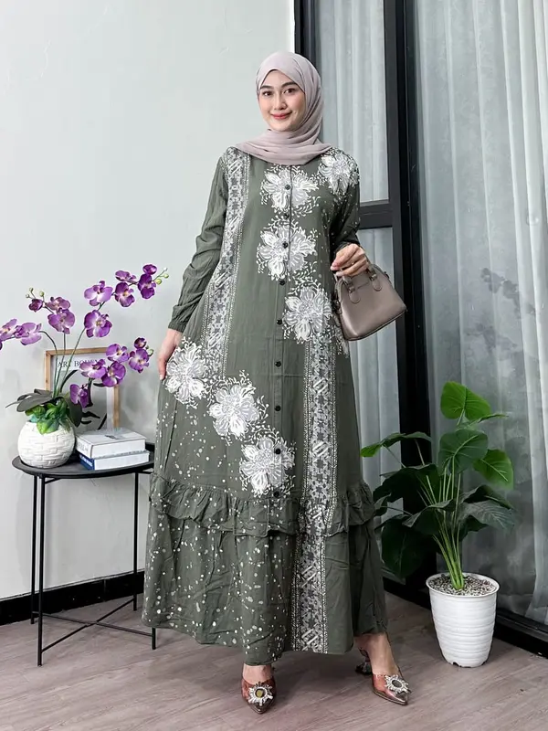 Naya Batik -  Gamis Twill Ori Motif Garis Cap Malaman Bukan Sablon Dress Muslim Wanita Motif Baladewa Hitam Lengan Karet Rempel Bawah Full Kancing Tali Samping Katun Rayon Putih 6