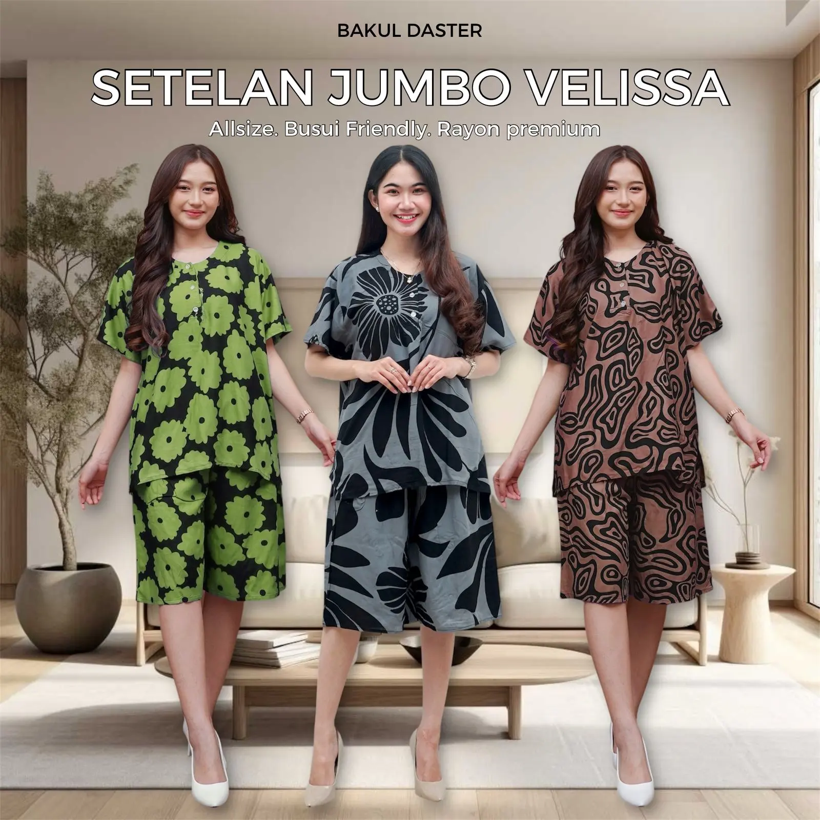 Setelan Jumbo Velissa Baju Lengan Pendek Atasan Wanita Celana Dewasa Katun Rayon Kulot One set Tidur Remaja Kerah Kancing Panjang Motif