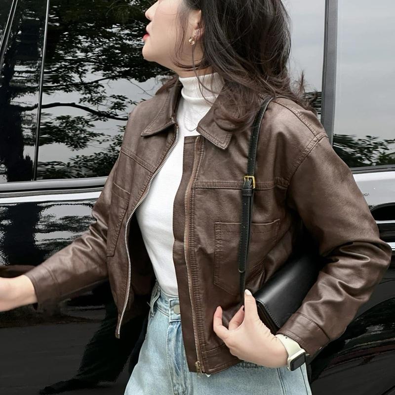 Giặt Được Máy Áo Khoác Da Nữ Cổ Bẻ Quảng Châu Cao Cấp Đen Nâu Đỏ 8865